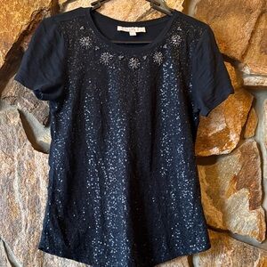 LOFT Black Sequin Short Sleeve Top
